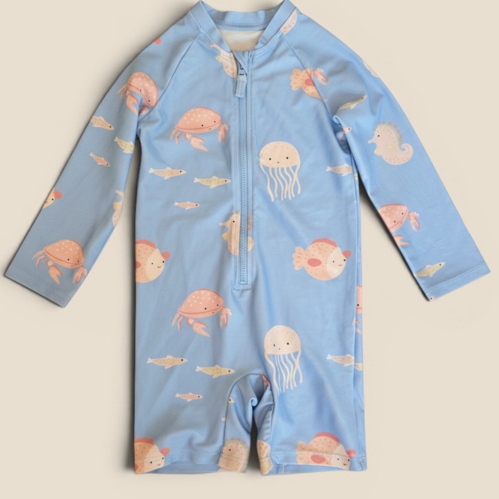 HM Kids Light Blue Sea Creature Print Long Sleeve One Piece Swimsuit 18M 2T
